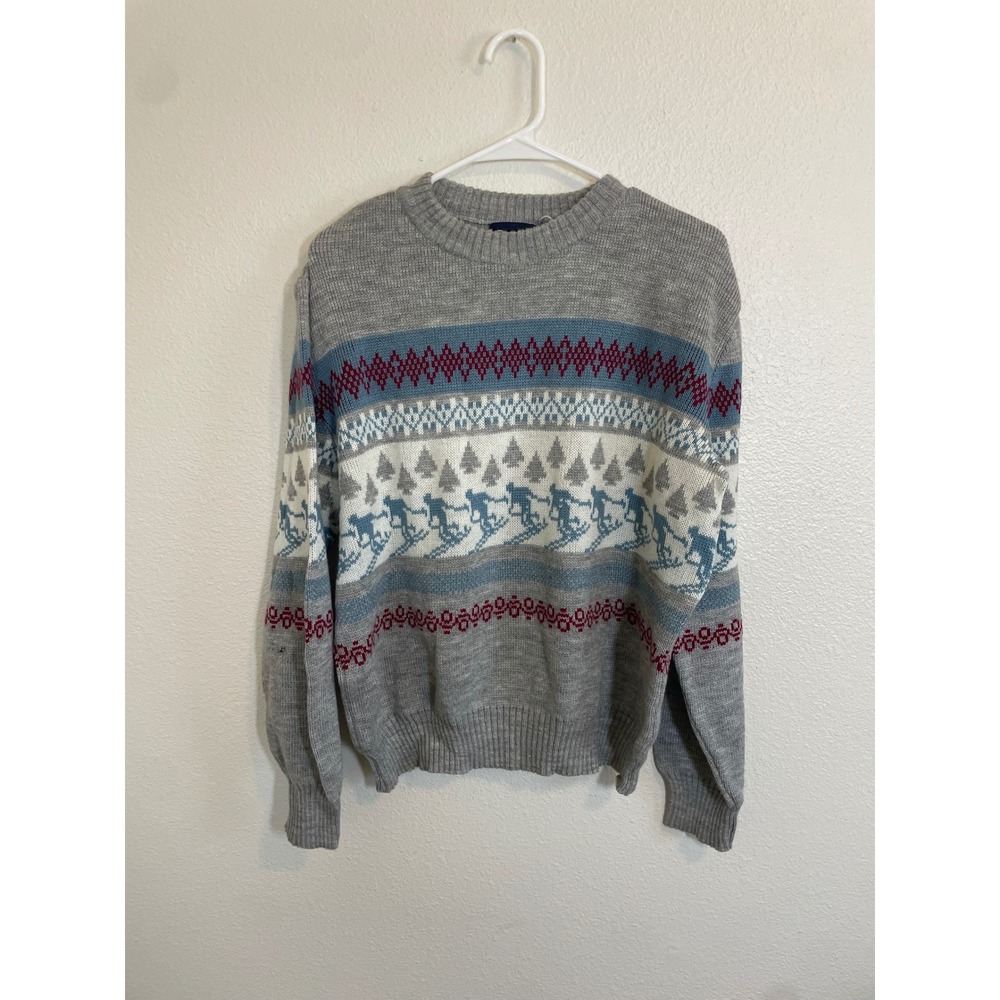VTG Cavallini Womens Large‎ Ski Sweater Grey Fair Isle Skier Knit Crewneck